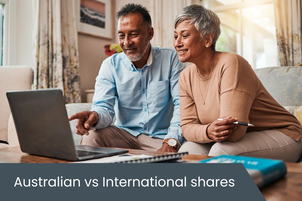 Australian vs international shares Mature age women looking at a laptop