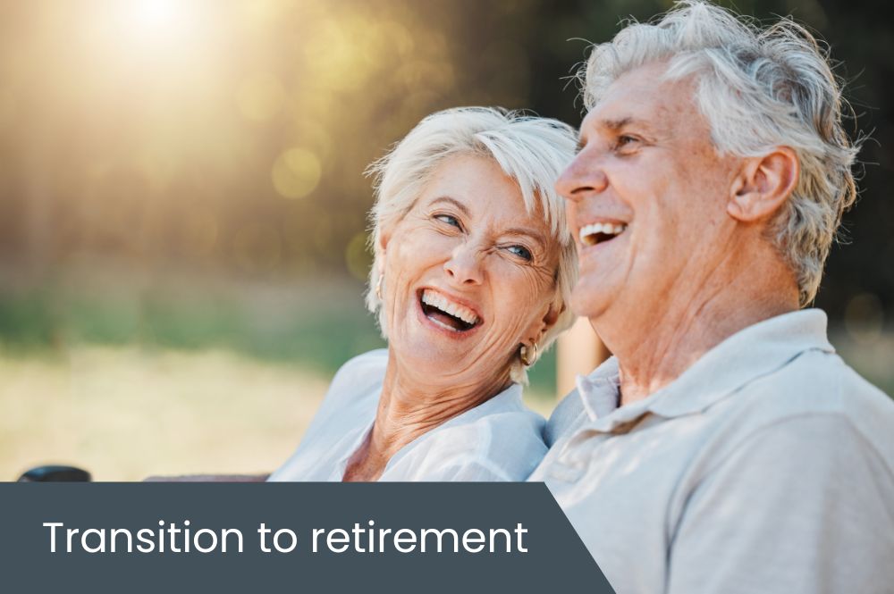 Transition to retirement Husband and wife laughing in the outdoors