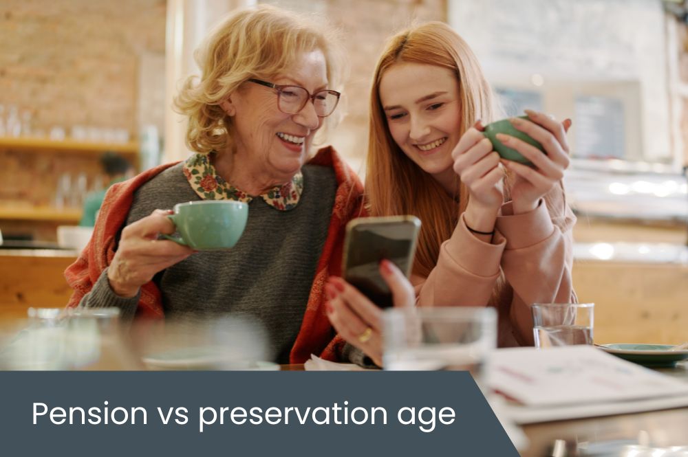 Pension vs preservation (1) Grandmother with granddaughter looking at phone