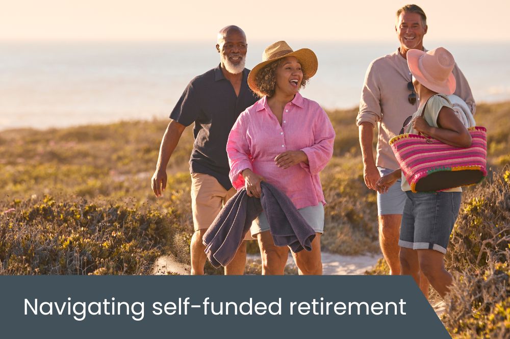 Self-funded retirees Two middle-aged couples laughing and enjoying the beach
