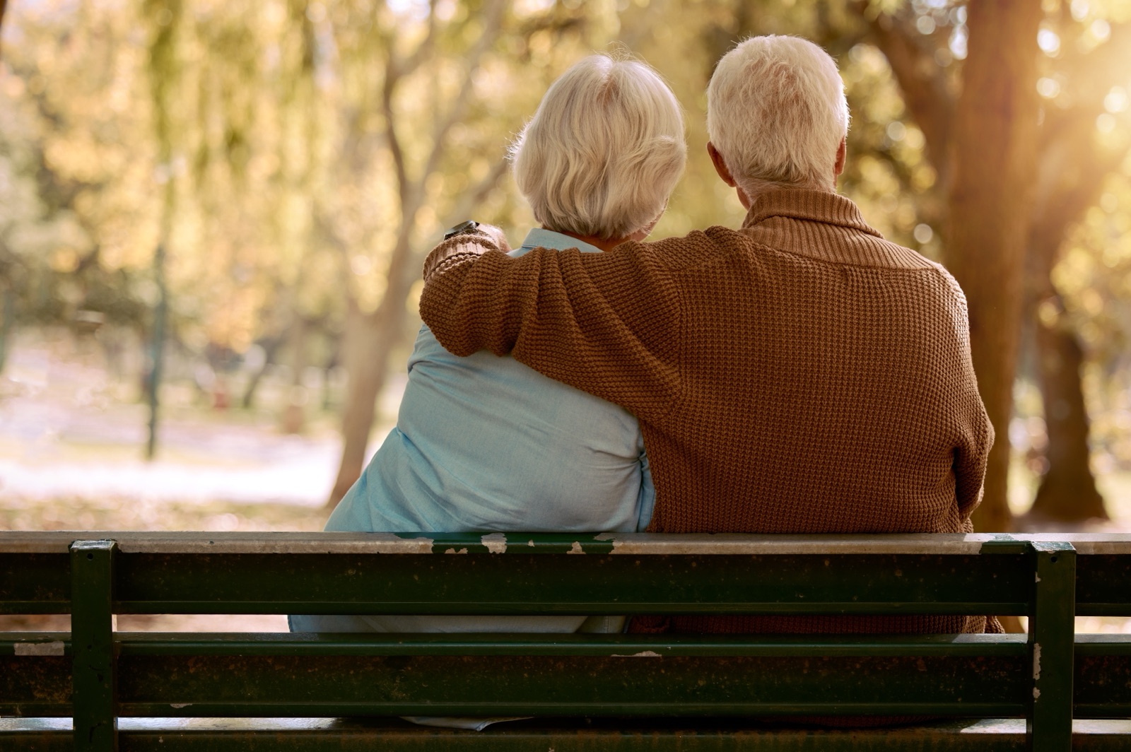 An older couple sitting close together on a park bench, viewed from behind.
