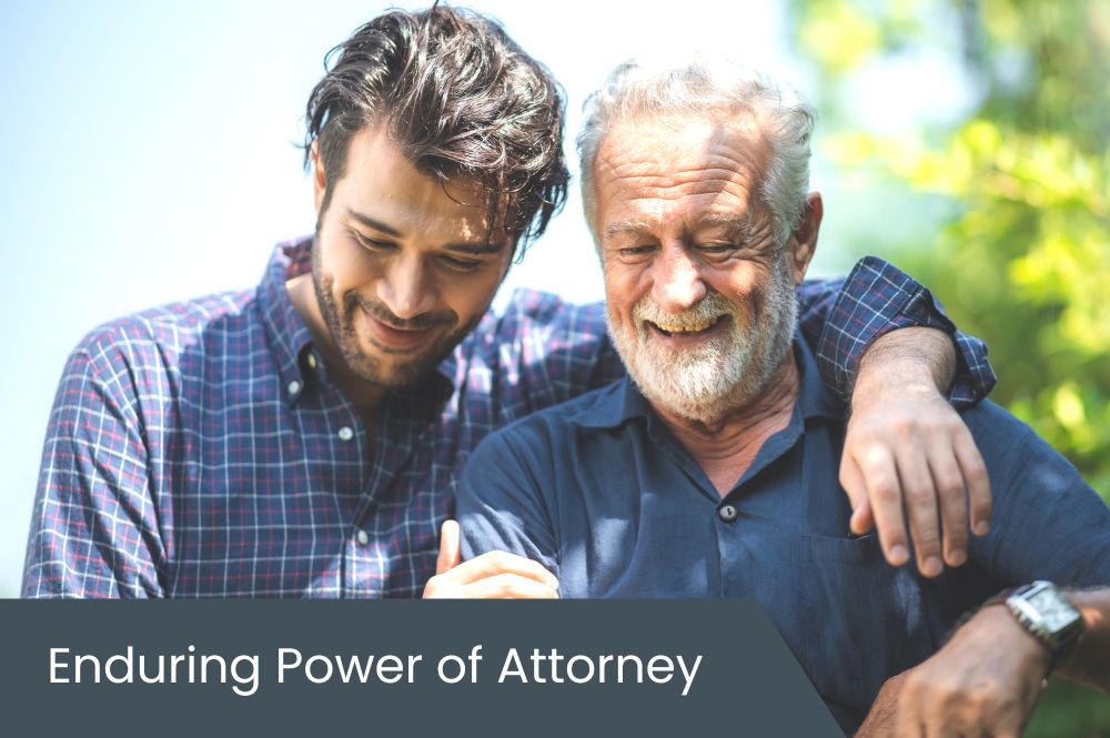 Adult son with arm wrapped around elderly father